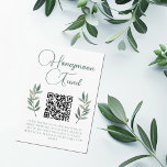 Botanisch Eucalyptus Leaf Wedding Honeymoon Fonds Informatiekaartje<br><div class="desc">Een eenvoudig elegant groen kalligrafiescript met twee waterverf eucalyptusbladeren aan weerszijden om deze prachtige,  minimalistische herfsthuwelijksreis-huwelijksfondsbijsluiterkaart te versieren. Mooie moderne bruiloft uitnodiging invoegen kaarten met uw website QR code voor een tuin gelegenheid 's nachts.</div>