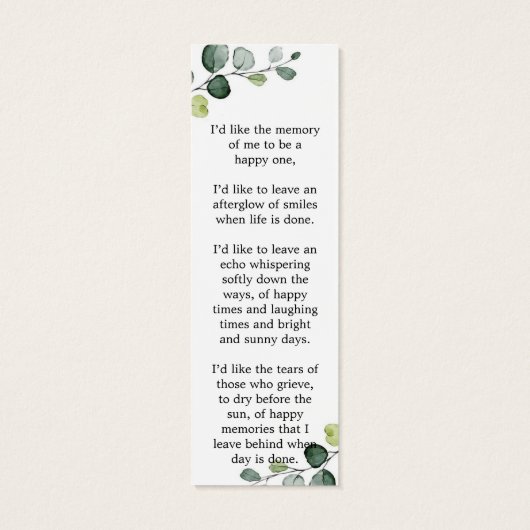 Botanisch Eucalyptus Memorial Funeral Bladwijzer Mini Visitekaartjes (Achterkant)
