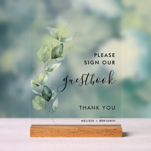 Botanisch Eucalyptus Script Bruiloft Gastenboek Acryl Bord (Neutraal)