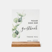Botanisch Eucalyptus Script Bruiloft Gastenboek Acryl Bord (Voorkant)