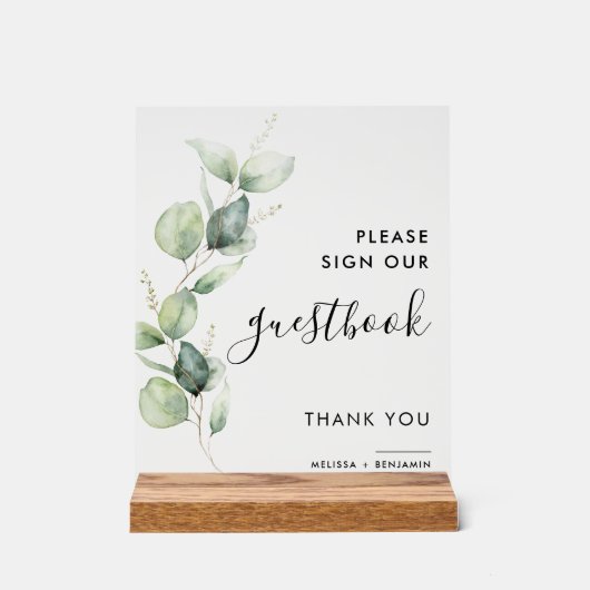 Botanisch Eucalyptus Script Bruiloft Gastenboek Acryl Bord (Voorkant)