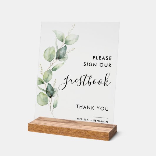 Botanisch Eucalyptus Script Bruiloft Gastenboek Acryl Bord (Hoek)