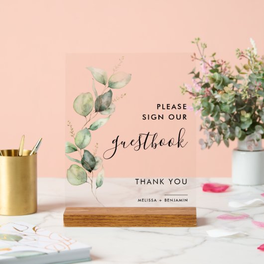 Botanisch Eucalyptus Script Bruiloft Gastenboek Acryl Bord (Huwelijk)