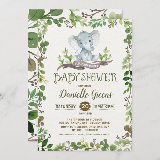 Botanisch gebladerte groen Baby shower Uitnodigen Kaart (Voorkant / Achterkant)