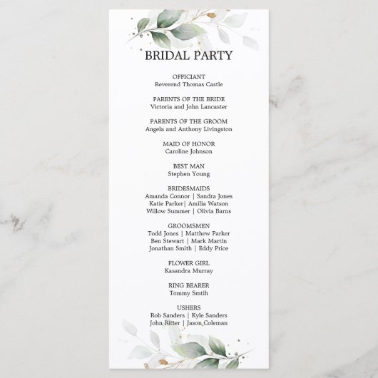 Botanisch gebladerte verlaat groene gouden ceremon programmakaart (Achterkant)