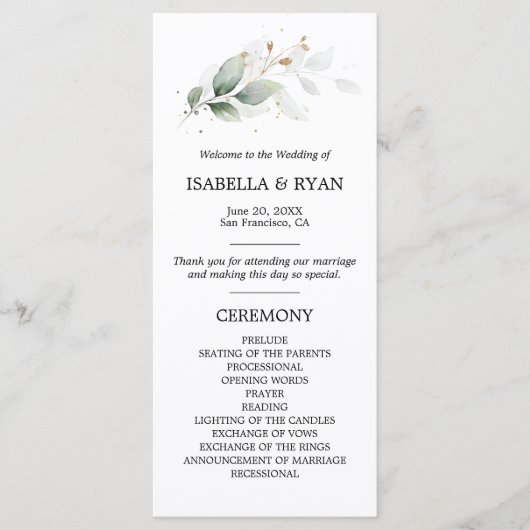 Botanisch gebladerte verlaat groene gouden ceremon programmakaart (Voorkant)