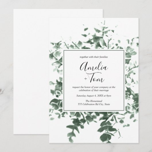 Botanisch gebladerte Waterverf kalligrafie bruilof Kaart (Voorkant / Achterkant)
