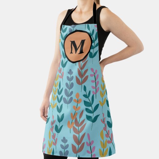 Botanisch Geel Grijs Blauw Oranje Roze Monogram Schort (Insitu)
