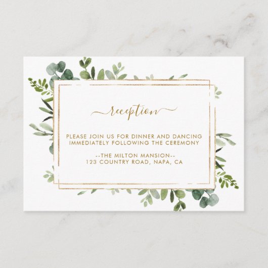 Botanisch Goud Groen Bruiloft Receptie Informatiekaartje (Voorkant)