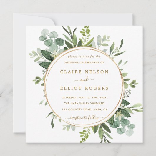 Botanisch Goud Groen Bruiloft Vierkant Kaart (Voorkant)