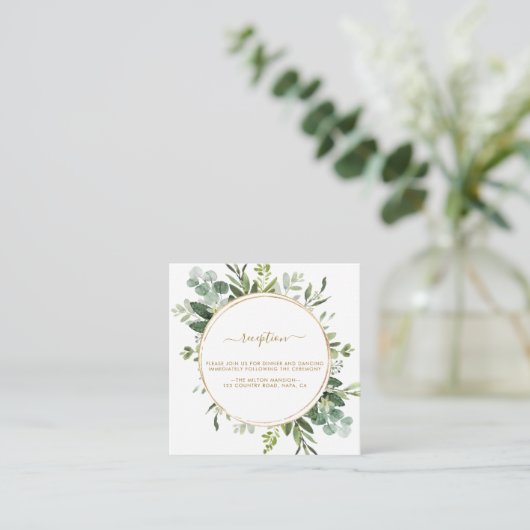 Botanisch Goud Groen Krans Bruiloft Receptie Informatiekaartje (Staand voorkant)
