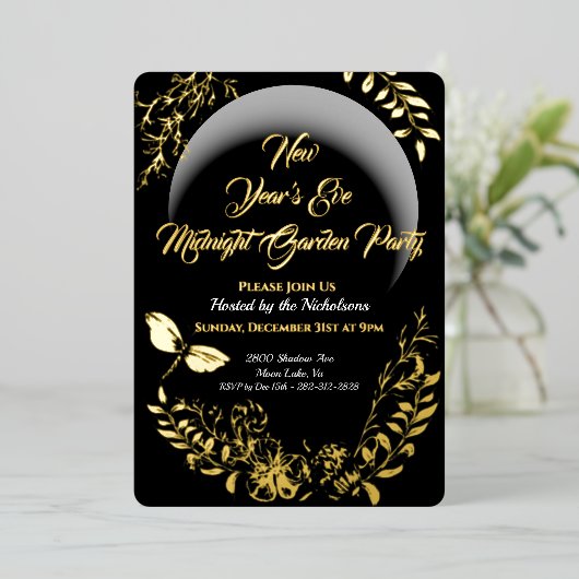 Botanisch Goud Oudejaarsavond Party Uitnodiging Fo (Staand Voorkant)