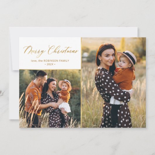 Botanisch Goud Script 2 Fotocollage Kerstmis Feestdagenkaart (Voorkant)
