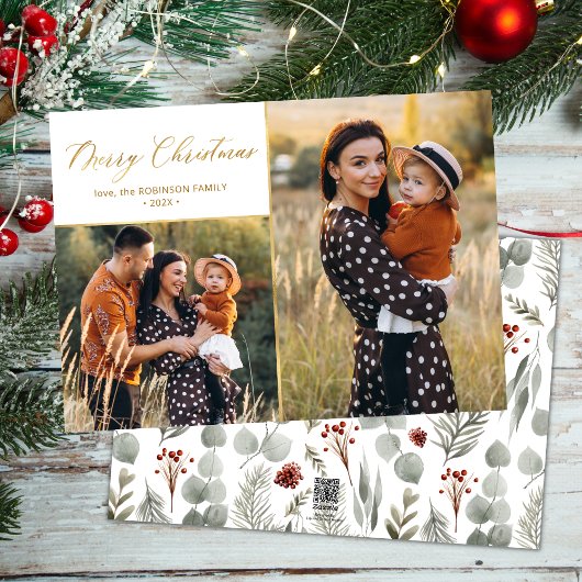 Botanisch Goud Script 2 Fotocollage Kerstmis Feestdagenkaart