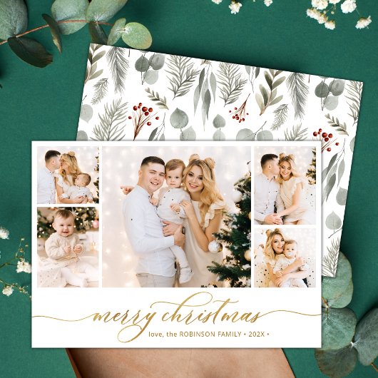 Botanisch Goud Script 5 Fotocollage Kerstmis Feestdagenkaart