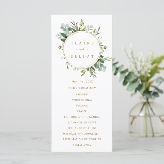 Botanisch gouden groen-huwelijksceremonieprogramma programmakaart (Staand voorkant)