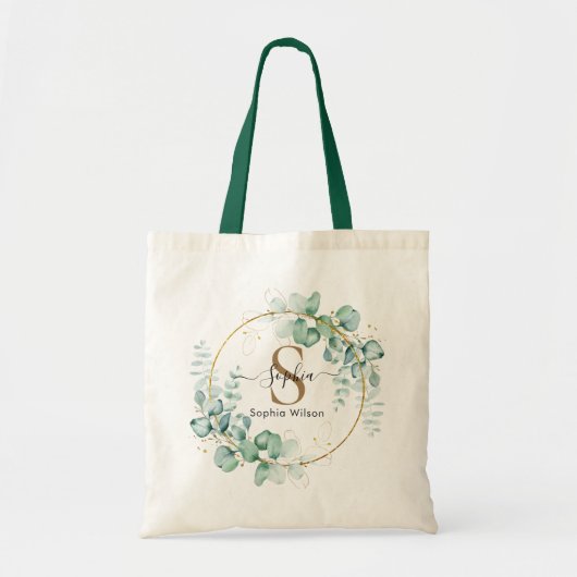 Botanisch gouden groen personaliseerbaar monogram tote bag (Voorkant)