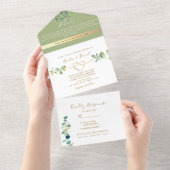 Botanisch gouden saliegroene bruiloftsinvitatie all in one uitnodiging (Afscheurbaar)