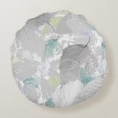 Botanisch, grijs, bladeren, wit en grijs, turquois rond kussen (Achterkant)