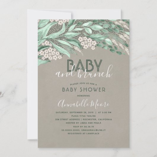 Botanisch groen Baby shower | Baby en brunch Kaart (Voorkant)