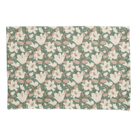 Botanisch groen beige lelie bloemenpatroon kussensloop (Voorkant-Links)