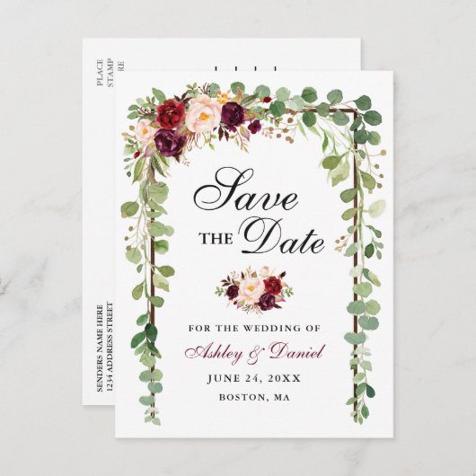 Botanisch groen bespaart de datum Burgundy Floral  Aankondigingskaart (Voorkant / Achterkant)