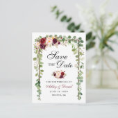 Botanisch groen bespaart de datum Burgundy Floral  Aankondigingskaart (Staand voorkant)