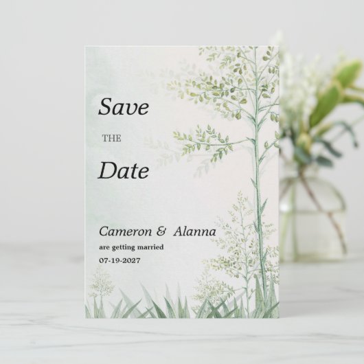 Botanisch groen blad bloemen rustiek Save the Date Kaart (Staand voorkant)