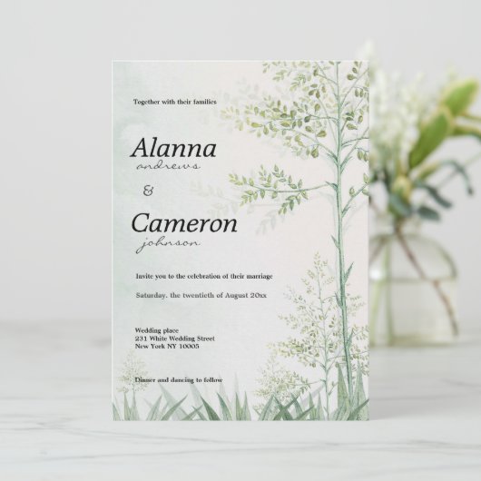 Botanisch groen blad bloemen rustieke bruiloft kaart (Staand voorkant)