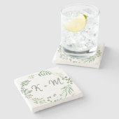 Botanisch groen | Blad | Bruiloft Monogram Stenen Onderzetter (Zijkant)