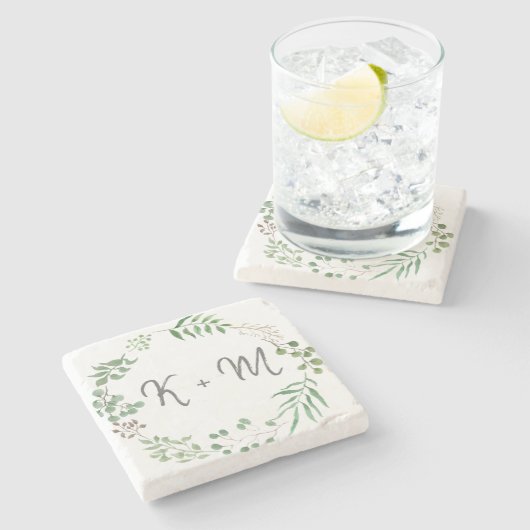 Botanisch groen | Blad | Bruiloft Monogram Stenen Onderzetter (Zijkant)