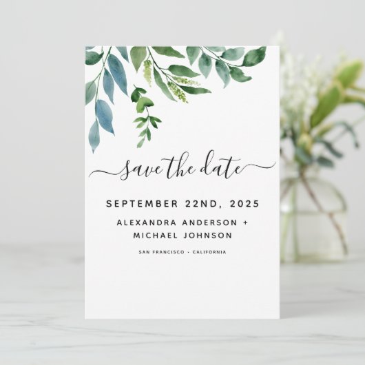 Botanisch groen blad watercolor bruiloft save the date (Staand voorkant)