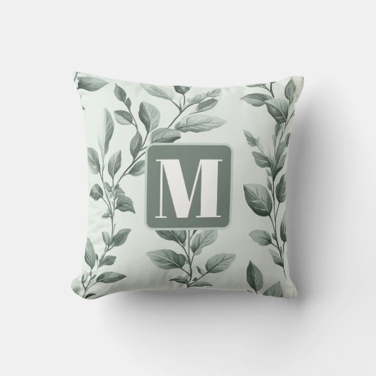 Botanisch groen bladpatroon monogram kussen (Voorkant)
