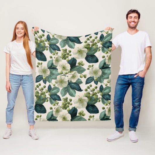 Botanisch groen bloemcrème bloempatroon fleece deken (In situ)