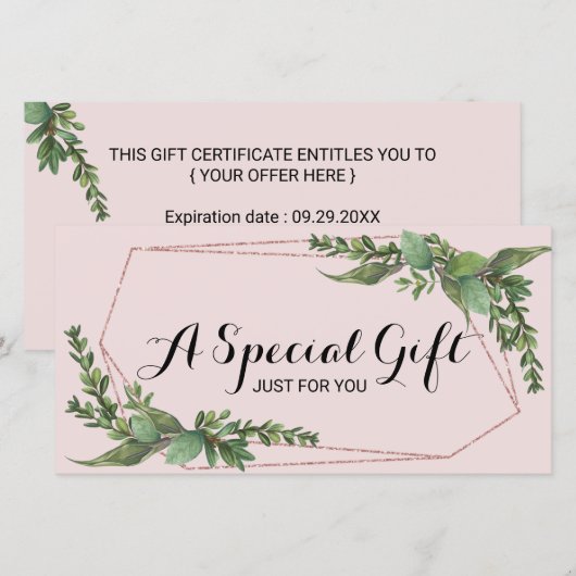 Botanisch groen blush roze cadeaubon (Voorkant / Achterkant)