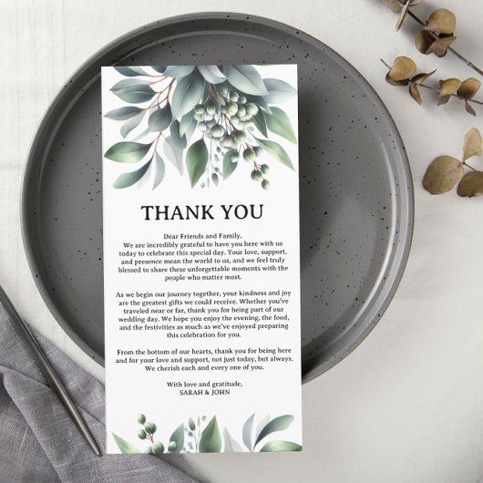 Botanisch groen bruiloft receptietafels bedankkaart