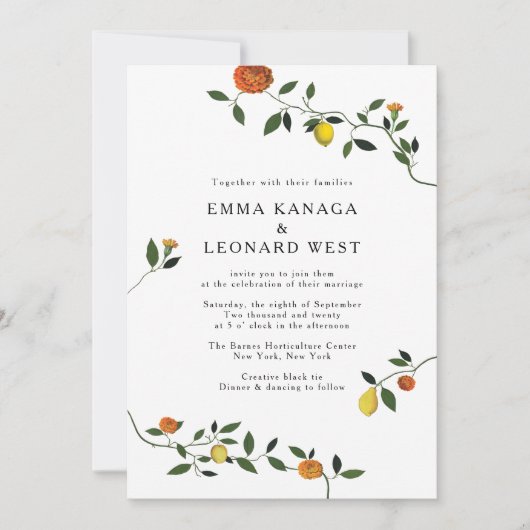 Botanisch groen, citroenen en goudsbloemen nodigen kaart (Voorkant)