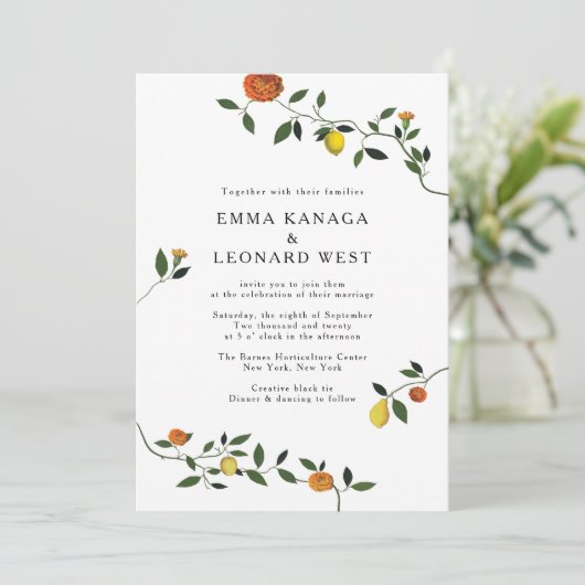 Botanisch groen, citroenen en goudsbloemen nodigen kaart (Staand voorkant)