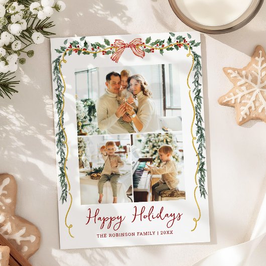 Botanisch groen Coquette Bow Kerstmis 3 Foto Feestdagenkaart
