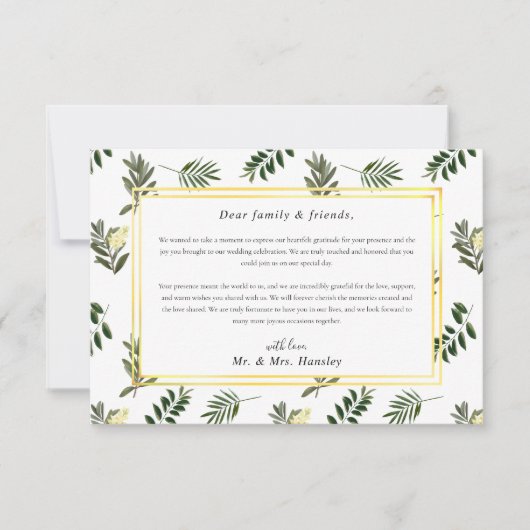 Botanisch groen Elegante Moderne Rustieke Bruiloft Bedankkaart (Voorkant)