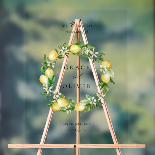 Botanisch groen en citroenkrans zomerbruiloft acryl bord (Neutraal)