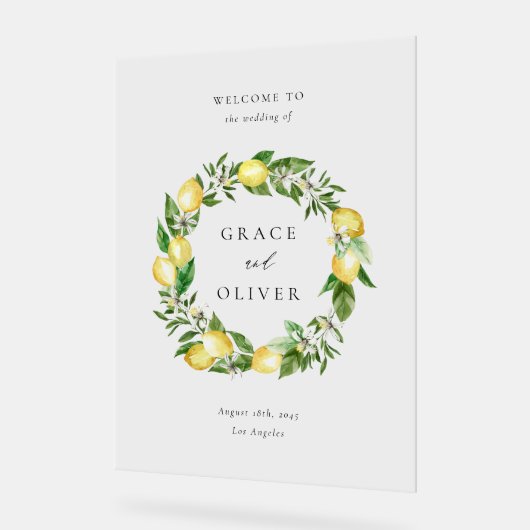 Botanisch groen en citroenkrans zomerbruiloft acryl bord (Hoek)