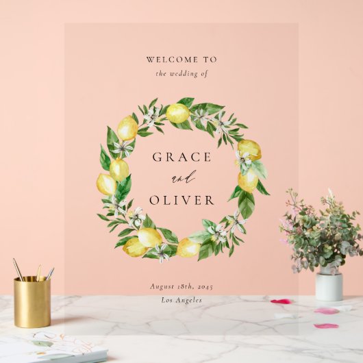 Botanisch groen en citroenkrans zomerbruiloft acryl bord (Huwelijk)