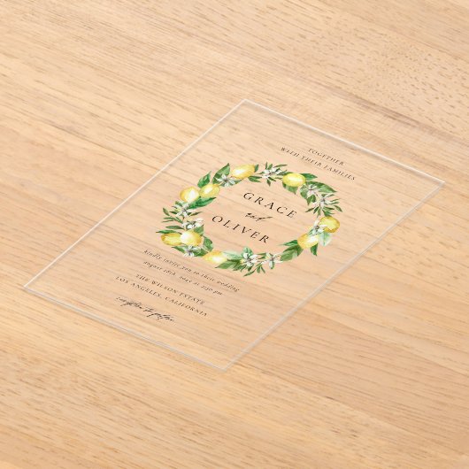 Botanisch groen en citroenkrans zomerbruiloft acryl uitnodigingen (Laagn)