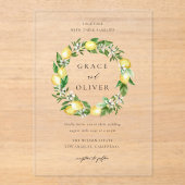 Botanisch groen en citroenkrans zomerbruiloft acryl uitnodigingen (Voorkant)
