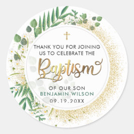 Botanisch groen en gouden doop dank u ronde sticker