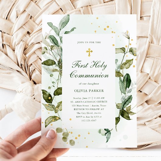 Botanisch groen en gouden kruis eerste communie kaart