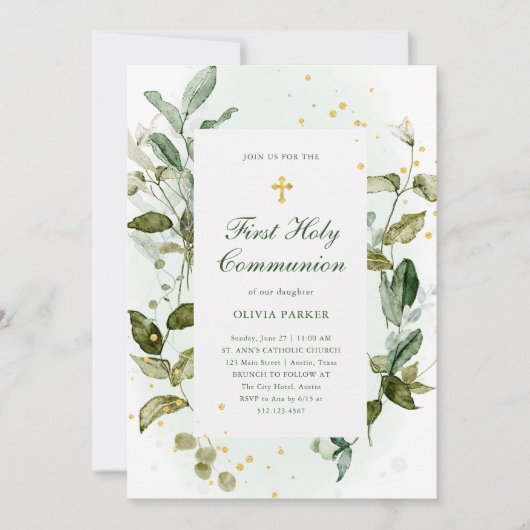 Botanisch groen en gouden kruis eerste communie kaart (Voorkant)