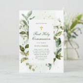 Botanisch groen en gouden kruis eerste communie kaart (Staand voorkant)