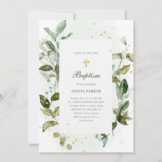 Botanisch groen en gouden kruisdoop kaart (Voorkant)